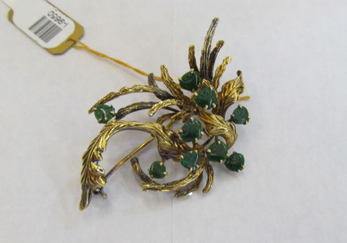 Vintage 14K Yellow Gold Brooch Pin with Nine Jadeite Gemstones