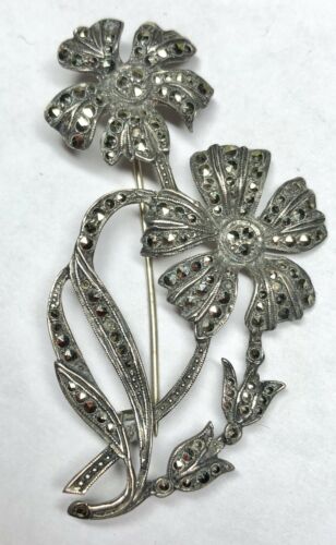 Silver Vintage 925 Brooch Marcasite Flower Brooch Hallmarked