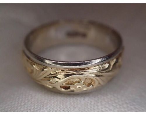 COLUMBIA Vintage Wedding Band, 14K, Two Tone, Floral Design