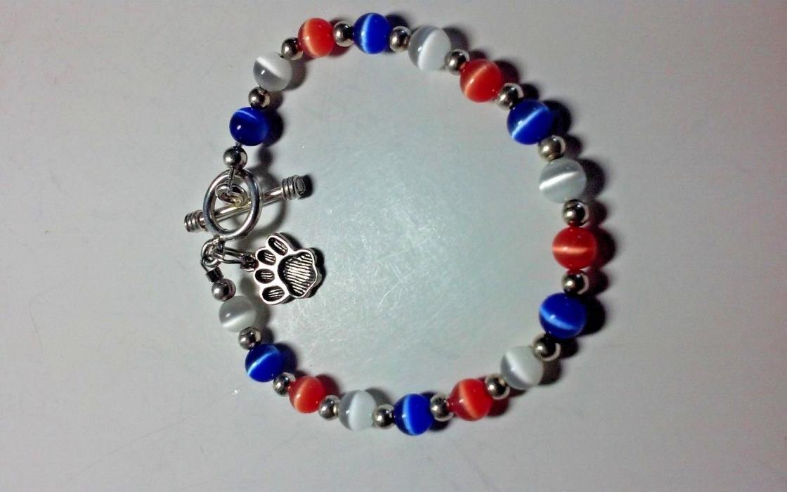 Vintage Sterling 925 Silver Bracelet Paws W/ Red, White & Blue