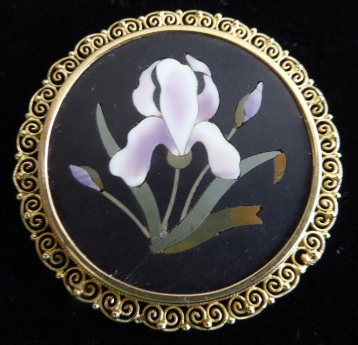 Vintage 18K Yellow Gold Italy Italian Pietra Dura Mosaic Iris Flower Pin, 1 5/8