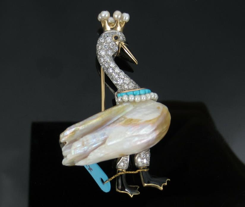 Unique 1.0ct Diamond Turquoise & Massive Free Form Pearl 18K Gold Swan Brooch