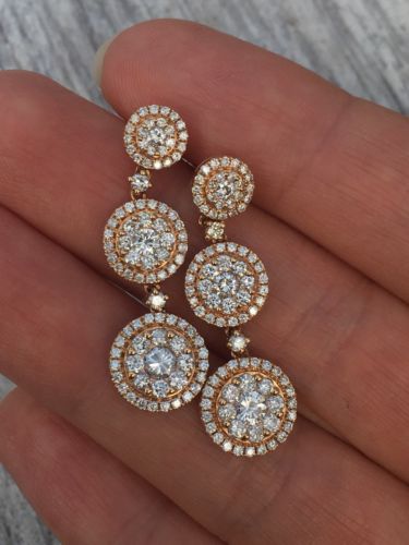 $9800  3.24 CT 18k rose gold drop dangle diamond earrings, G-H color, SI 1, 7g