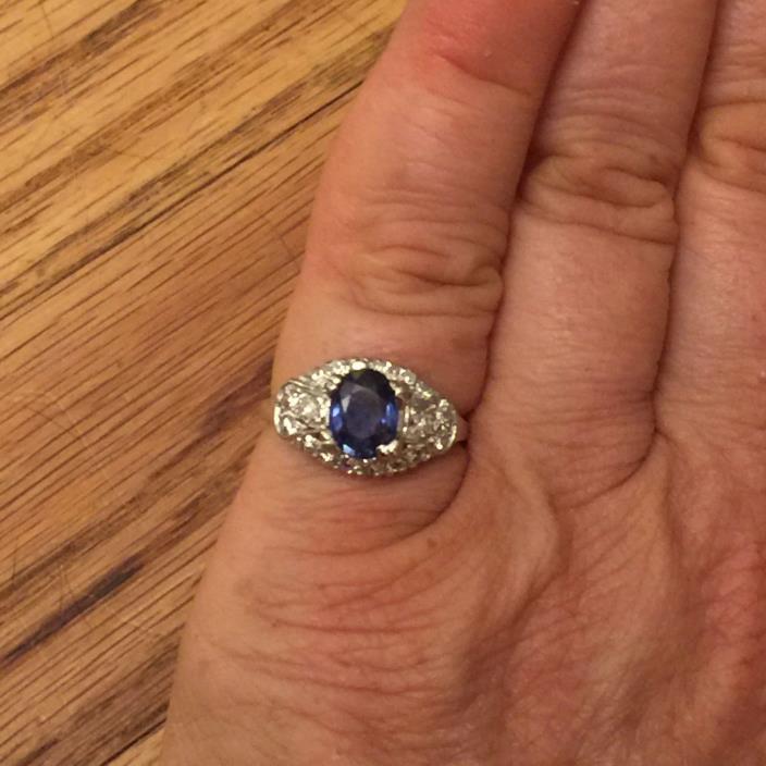 Fine Vintage 1.25 Ct Sapphire .60 Ct Diamonds 10% Irid Platinum Ring