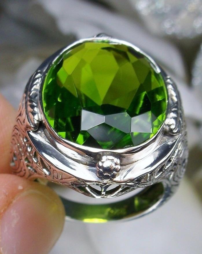 Oval 18ct Sim Green Peridot Solid Sterling Silver Victorian Filigree Ring Size 8