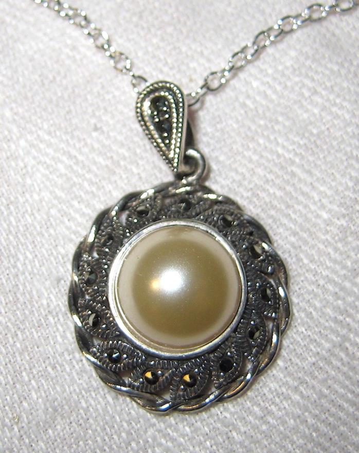 Lovely Sterling Silver Filigree Marcasite and Pearl Pendant on 20