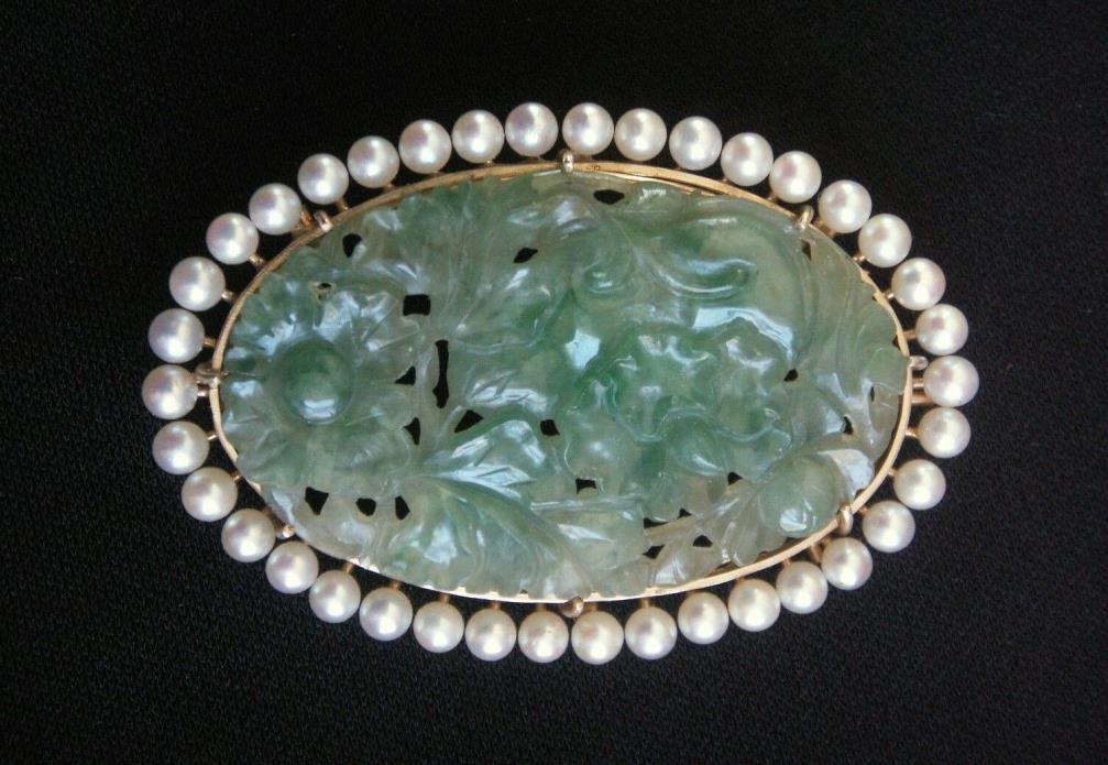 Antique Water Jadeite Jade, Pearl, 14K Brooch