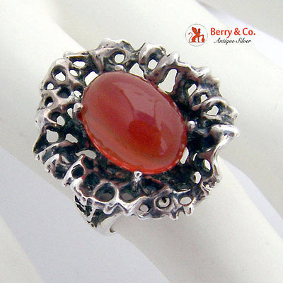 Unique Coral Style Openwork Sterling Silver Ring Carnelian