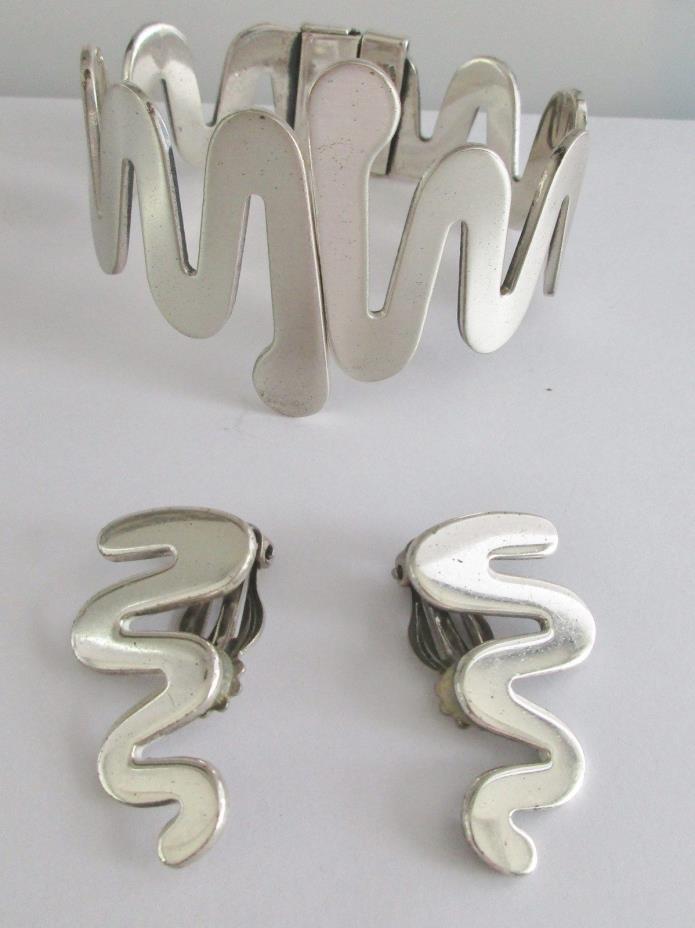 VTG STERLING SILVER SAUTEUR RENOIR MODERNIST CLAMPER BRACELET/CLIP EARRINGS