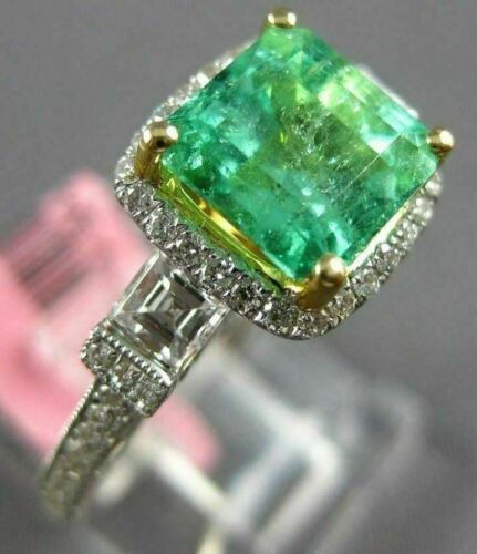 ESTATE 3.0CT DIAMOND & AAA EMERALD 18KT 2 TONE GOLD SQUARE HALO ENGAGEMENT RING