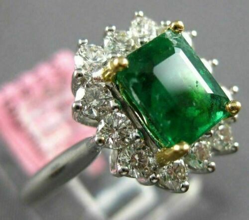 ESTATE 2.06CT DIAMOND & AAA EMERALD 18KT 2 TONE GOLD FLOWER HALO ENGAGEMENT RING