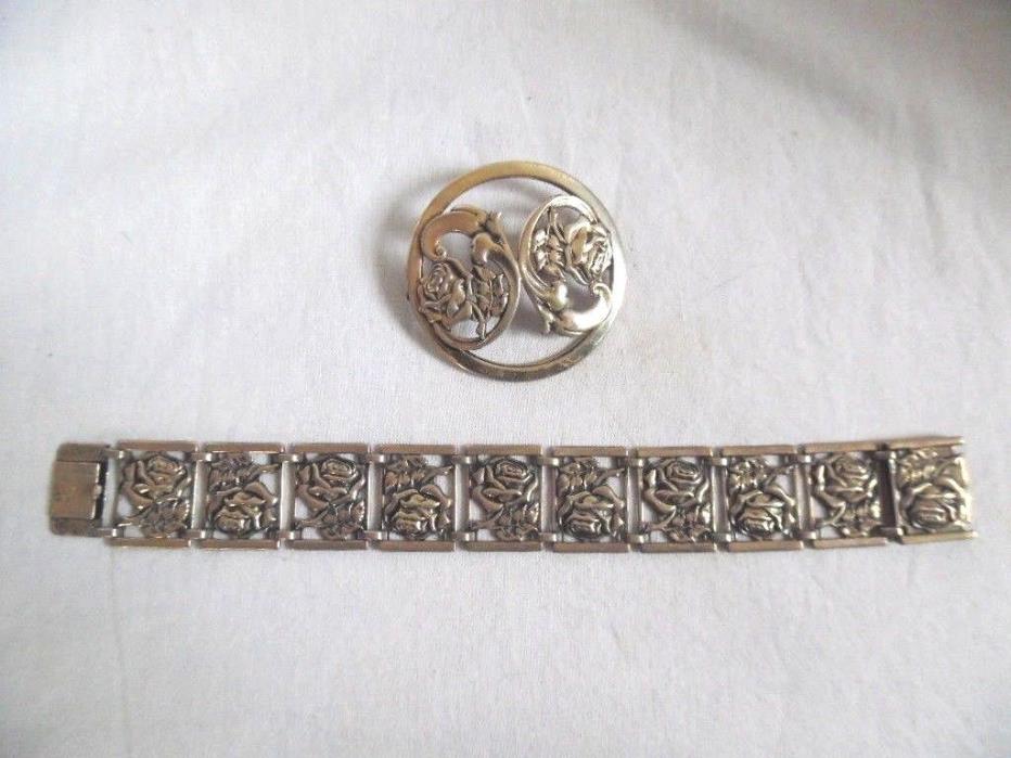 Vintage Roses Sterling Silver Brooch & Bracelet 