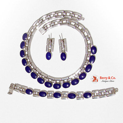 Hand Made Necklace Earrings Bracelet 950 Sterling Royal Blue Cabochon Stones