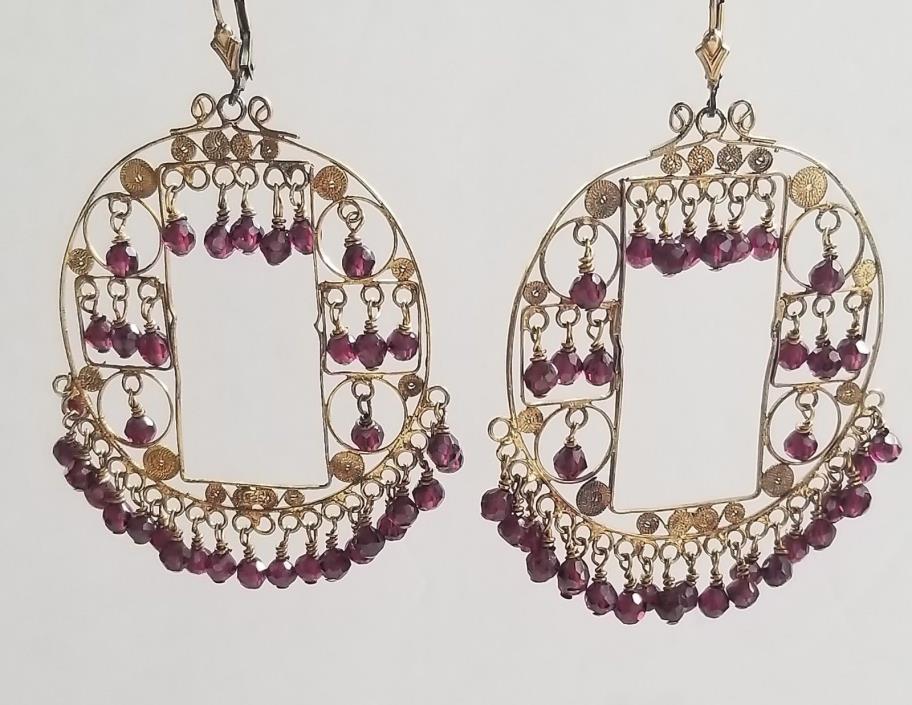 Vermeil and 14K GF Handmade Chandelier Filigree Earrings with Facet Garnet