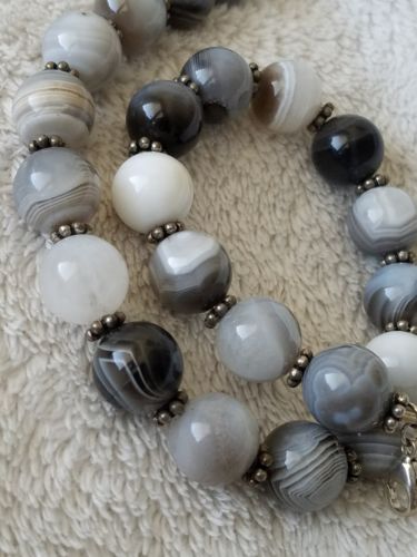Vintage Banded Agate Bead Sterling Silver Necklace Black Grey White