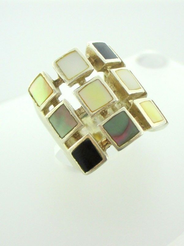 925 Mother of Pearl, Paua, Onyx Statement Ring Sz 6 14.85g. LOOKS FABULOUS ON!
