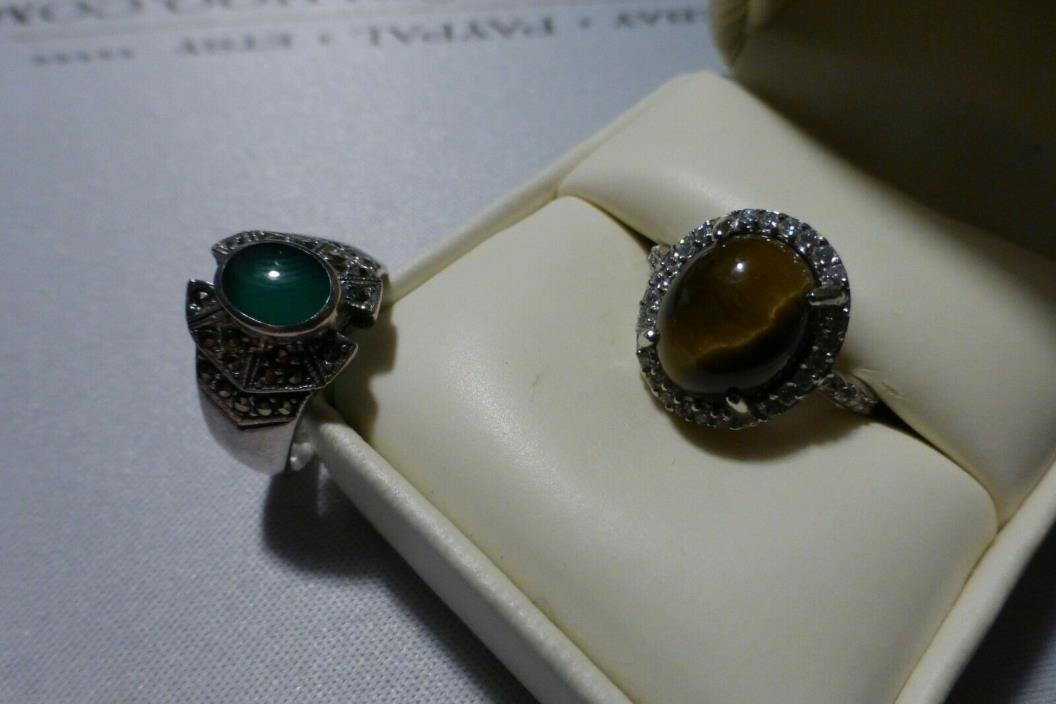 vtg lot 925 STERLING Tigers Eye & MARCASITE w/Translucent GREEN  RINGS Free Ship