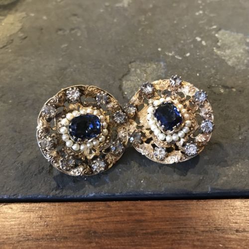 Gorgeous Faux Sapphire Seed Pearl Victorian Revival Earrings Accessorcraft Rare