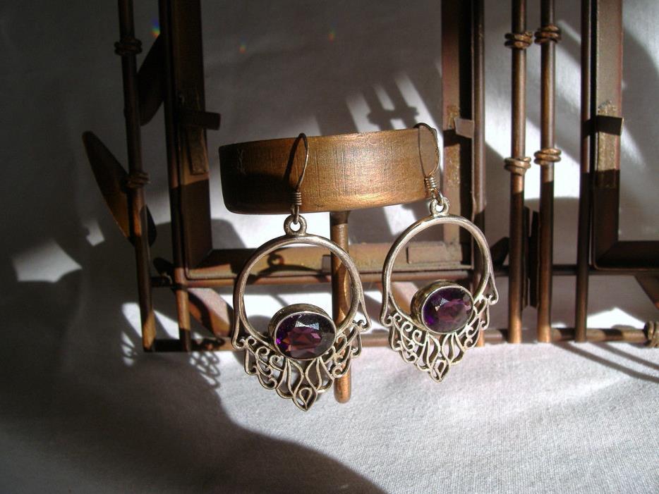 Vivacious Vintage Sterling Filigree Amethyst Earrings Bezel Set Thick