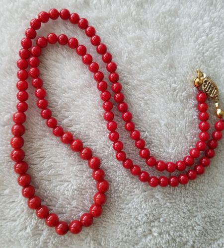 Genuine Red Coral Graduated Bead Necklace 14K Yellow Gold 5mm 18