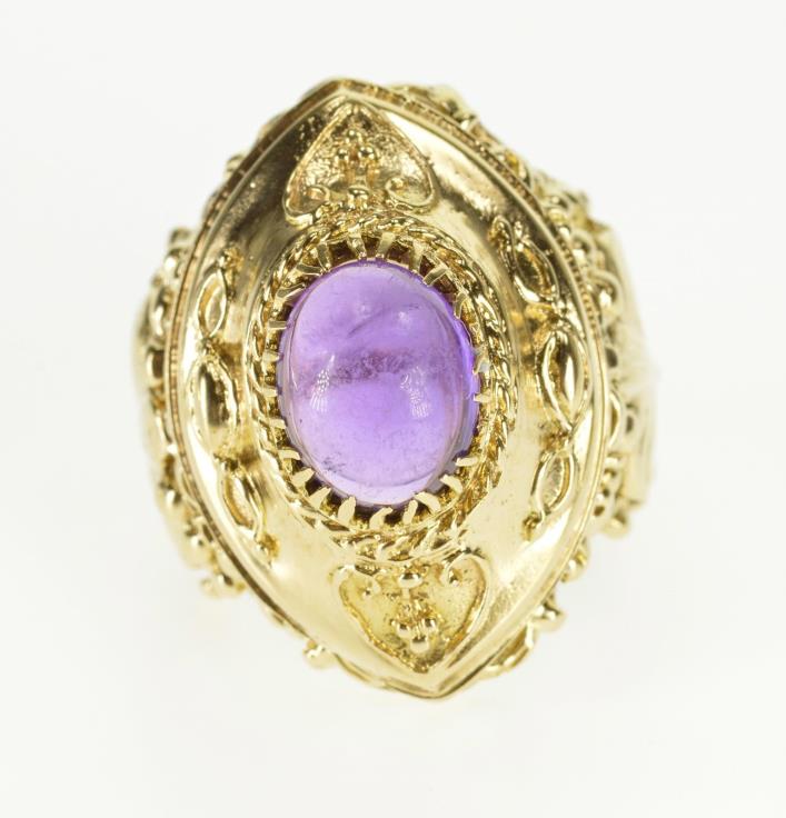 14K Ornate Victorian Oval Amethyst Cabochon Ring Size 8.5 Yellow Gold *16