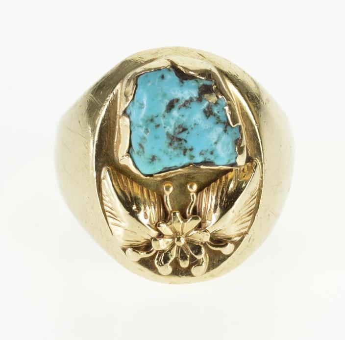 14K Native American Motif Leaf Design Turquoise Ring Size 10.75 Yellow Gold *71