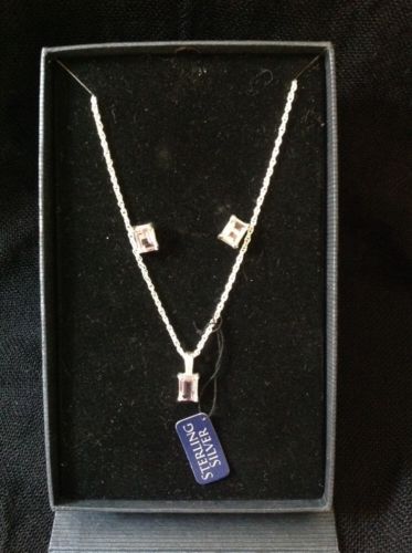 Estate Sterling Silver & Amethyst boxed pendant necklace & stud earring set