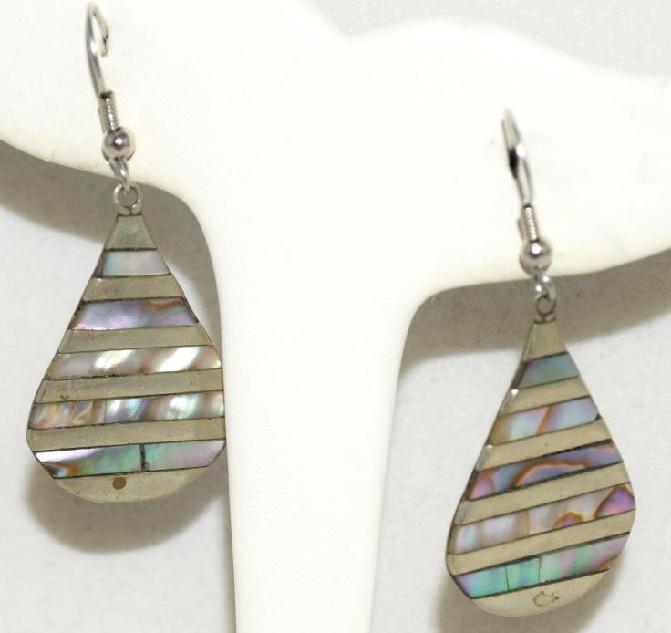 Vintage Mexican Abalone Striped Pear Shaped Alpaca Drop Pierced Earrings