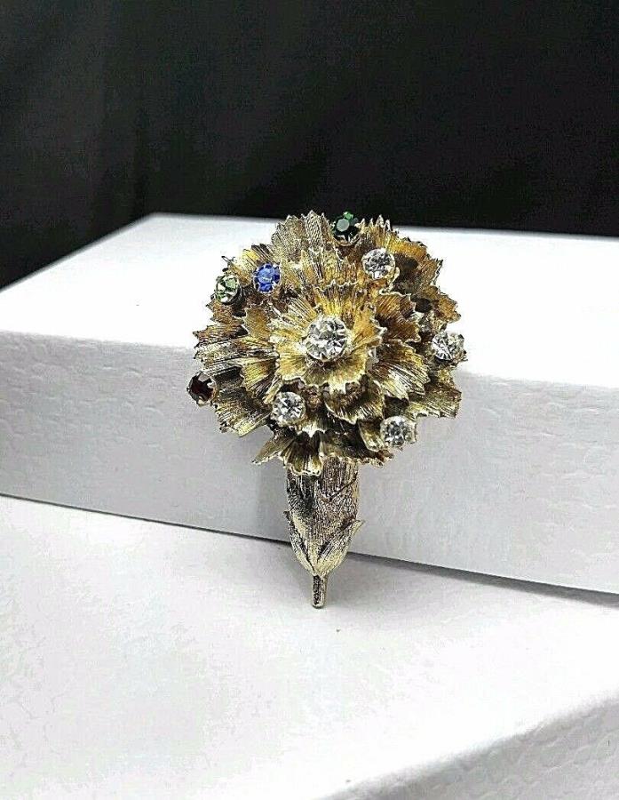 Vintage Sterling Silver 925 Gold Plate Rhinestone Flower Brooch / Pin (R signed)