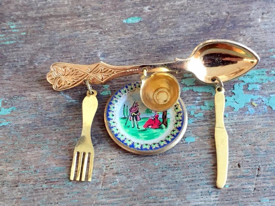 Vintage Coro Signed Charm Brooch Spoon plate Knife Fork Brass enamel