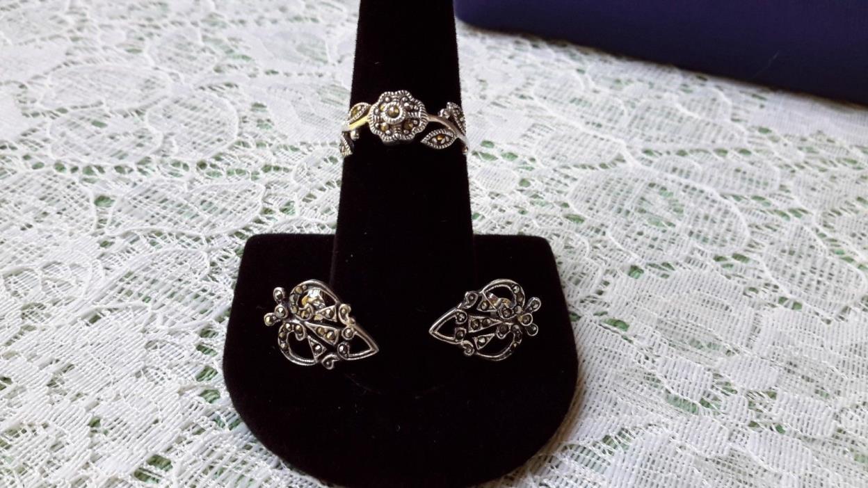 Vintage Sterling Silver Marcasite Ring Size 7 and Marcasite Earrings Marked 925
