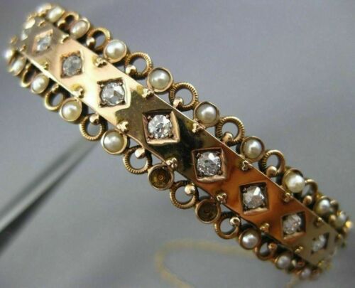 ANTIQUE WIDE .60CT DIAMOND & AAA SOUTH SEA PEARL 14KT ROSE GOLD BANGLE BRACELET