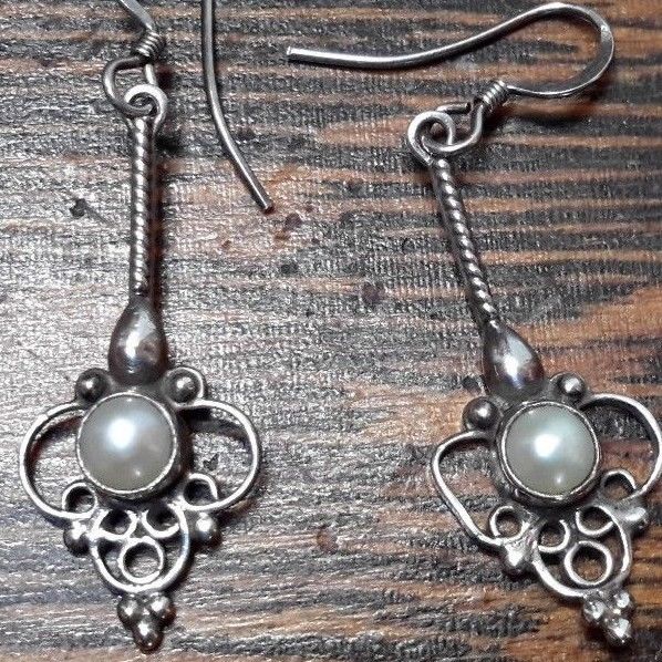Vintage Sterling Silver Pearl Drop Earrings Marked 925