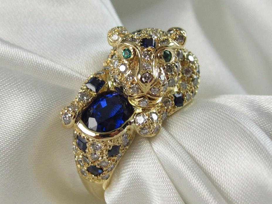 18K Panther Ring Sapphire Diamond Emerald Eyes Cat 4.18ctw Fine 11.5 gr Size 7.5