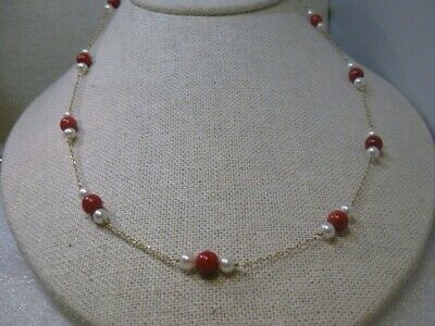 14kt Yellow Gold Curb Chain & Cultured Pearl and Coral Necklace, 20