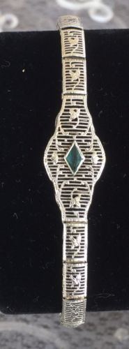 Vintage 10K White Gold Green Glass Marquise Filigree Bracelet 6.75