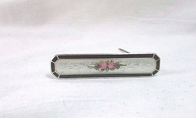Vintage Rose Flower Guilloche Enamel Sterling Silver 925 Signed Bar Pin Brooch