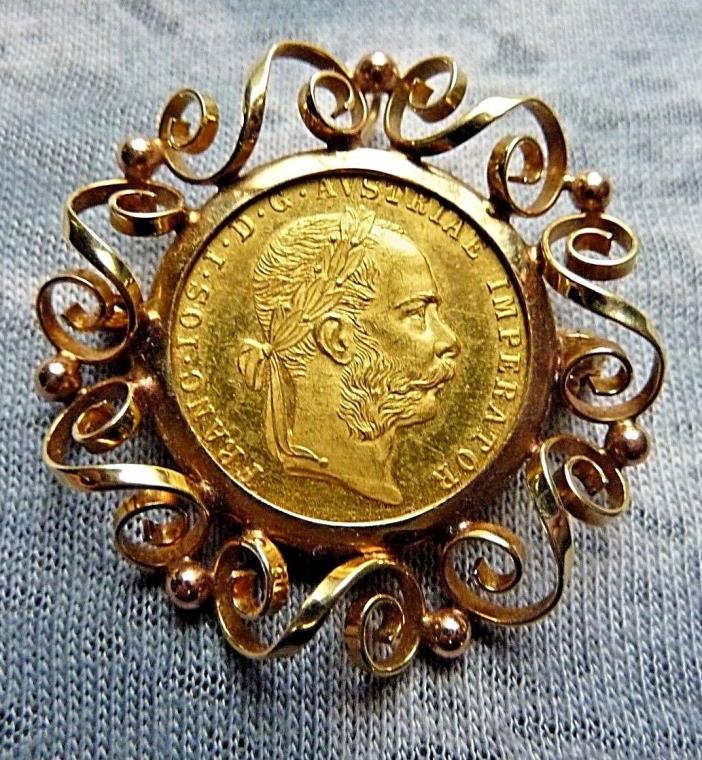 Estate 14K 585 Solid Gold Fancy Bezel & Gold Hungarian Coin Pendant Brooch 7 GR