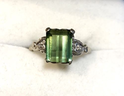 Vintage Art Deco 10K Gold Ring Diamond 2.5 Ct Green Emerald Cut Green Tourmaline