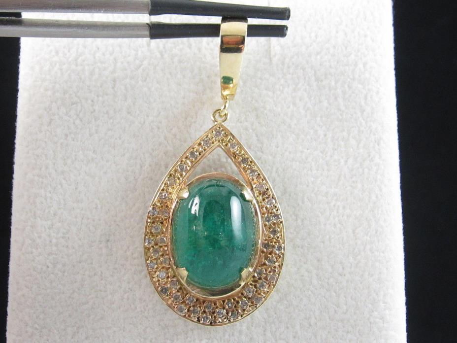 14K Emerald Diamond Pendant Cabochon 15.50tw Fine Jewelry Green Custom Hand Made