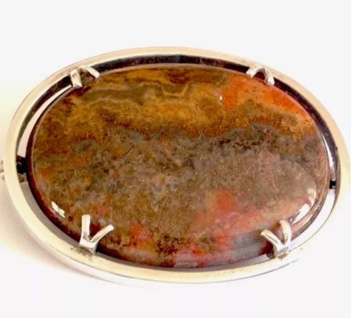 Vintage Large Heavy Malcolm Gray Ortak Orkney Scotland Silver Agate Brooch Boxed
