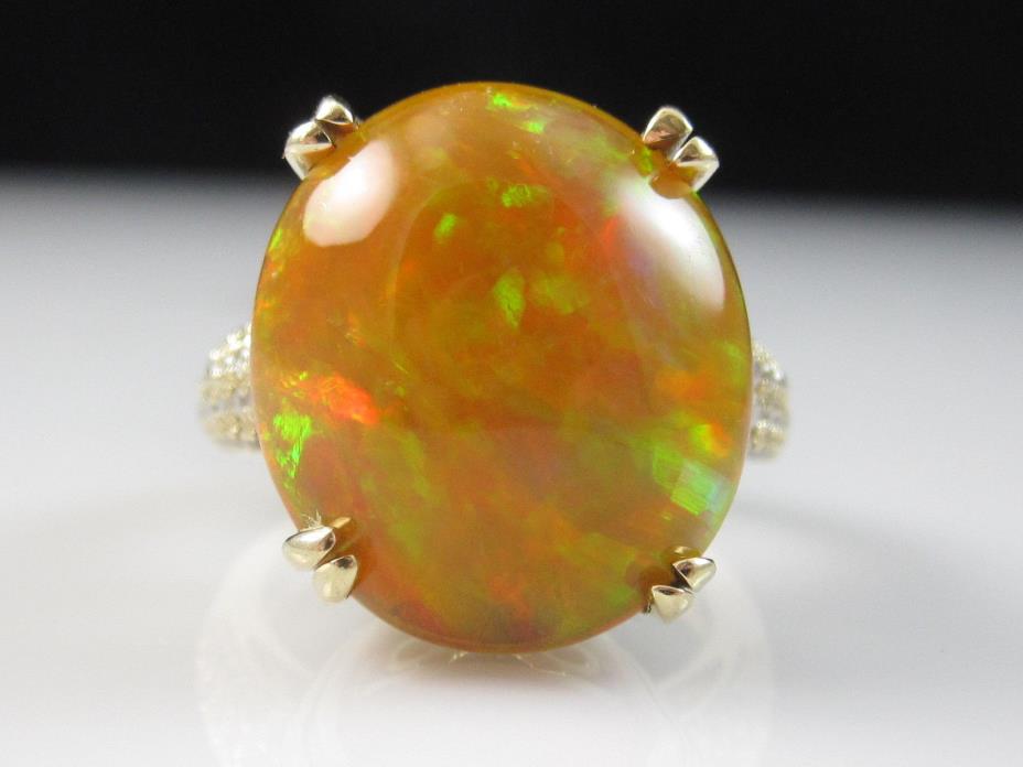 Opal Diamond Ring Ethiopian Orange 14K Yellow Gold Cabochon Fine Jewelry Size 7
