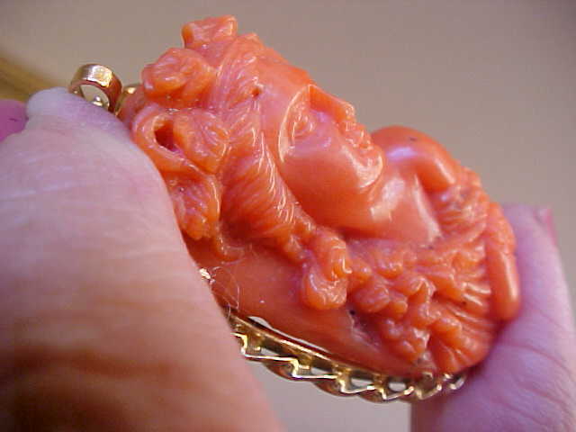 Antique Natural Red Sardinian Coral Cameo Brooch Pendant 14K Gold Maiden w Ram