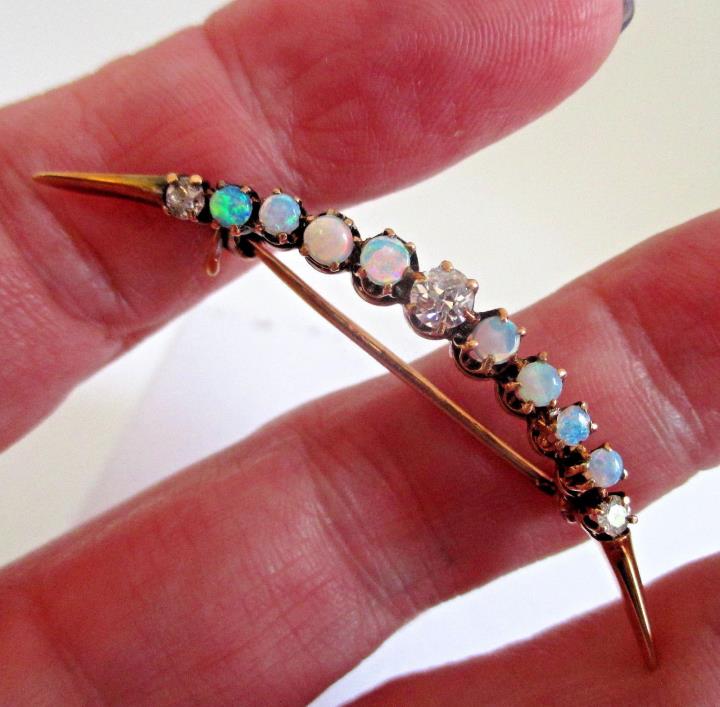 14K 15K Rose Gold .40TCW European Cut Diamond Natural Opal Crescent Moon Brooch