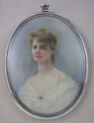 VICTORIAN EDWARDIAN STERLING SILVER HAND PAINTED PORTRAIT BROOCH PIN PLAQUE