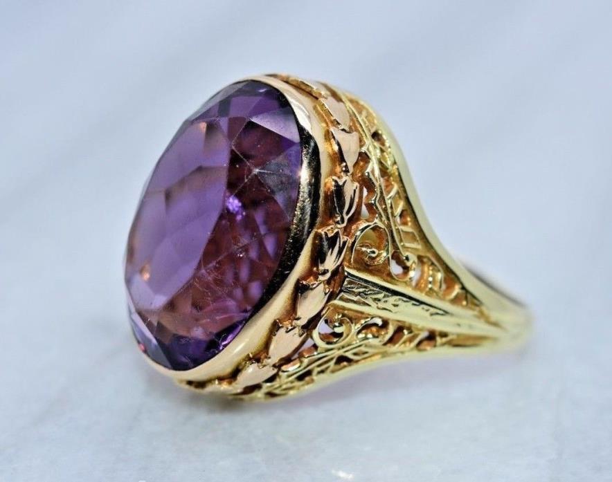 Antique Victorian 14K Yellow Gold Filigree Amethyst Ring