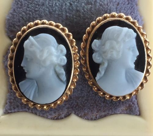 VICTORIAN Pair of Solid 14k Yellow Gold / Hard Stone Cameo Ladies Earrings