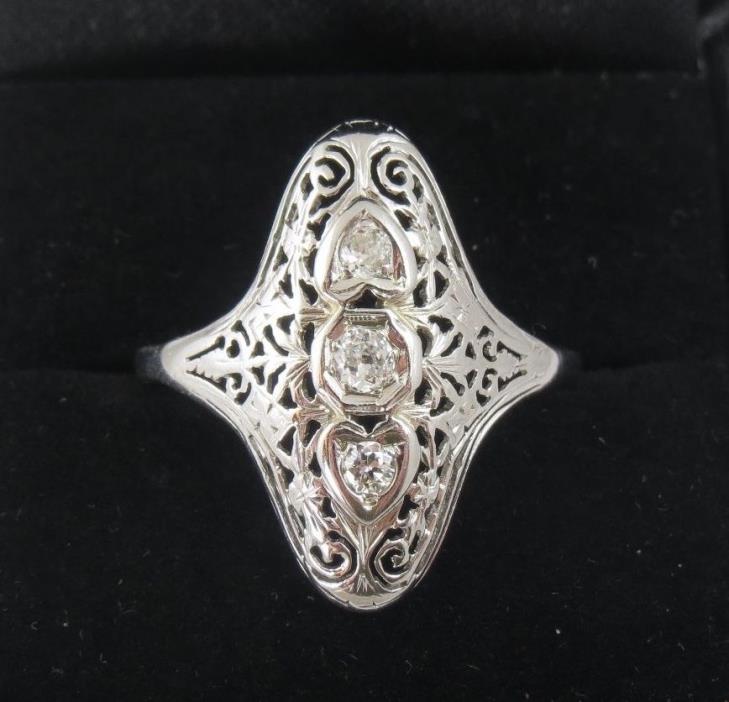 .23 ctw Diamond Filigree Hearts 14k White Gold Navette Ring