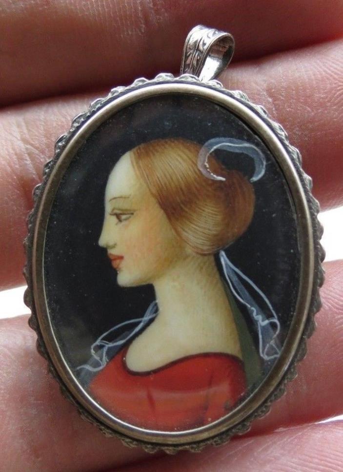 Vintage 800 Silver Hand Painted Portrait Brooch Queen Victoria Filigree Signed!