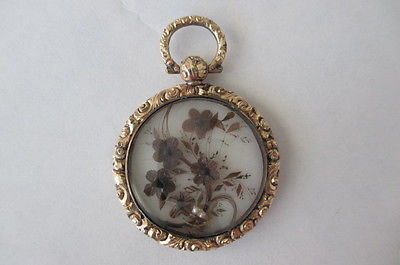 Victorian 14K Yellow Gold Hair Art Locket Pendant, Flower Designed, Palette Work